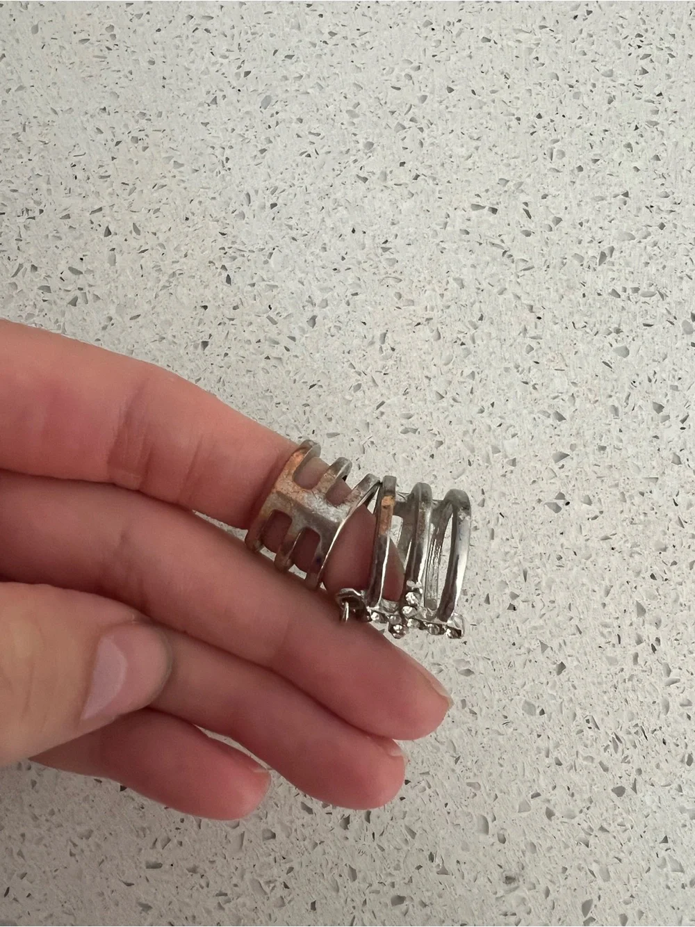Silver Multi-Band Link Chain Ring with Clear Stones - Women Jewelry